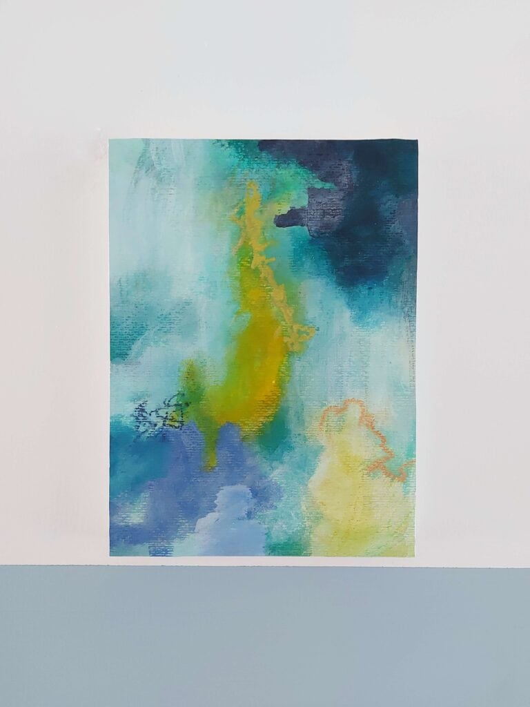 Abstract mixed media painting mounted on a white wooden panel